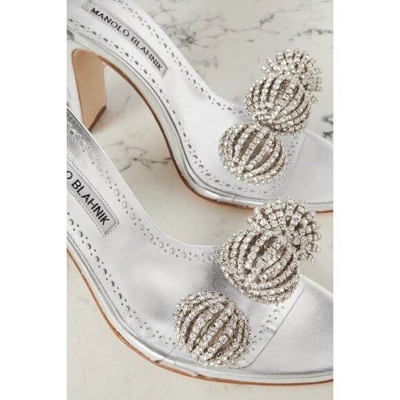 Manolo Blahnik Elhob 105 Leather Sandal in Silver 36.5 with Box Womens High Heel - Picture 13 of 15